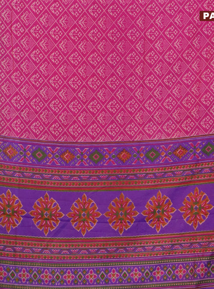 Semi tussar saree pink and dual shade of violet with allover ikat prints and ikat woven zari border