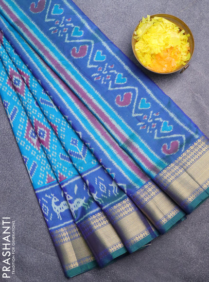 Semi tussar saree cs blue and dual shade of bluish green with allover ikat prints and zari woven border