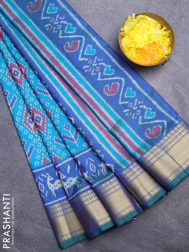 Semi tussar saree cs blue and dual shade of bluish green with allover ikat prints and zari woven border