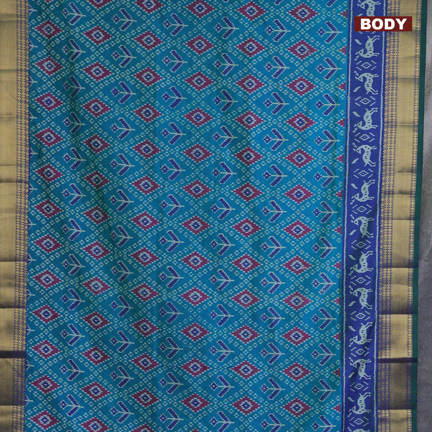 Semi tussar saree cs blue and dual shade of bluish green with allover ikat prints and zari woven border