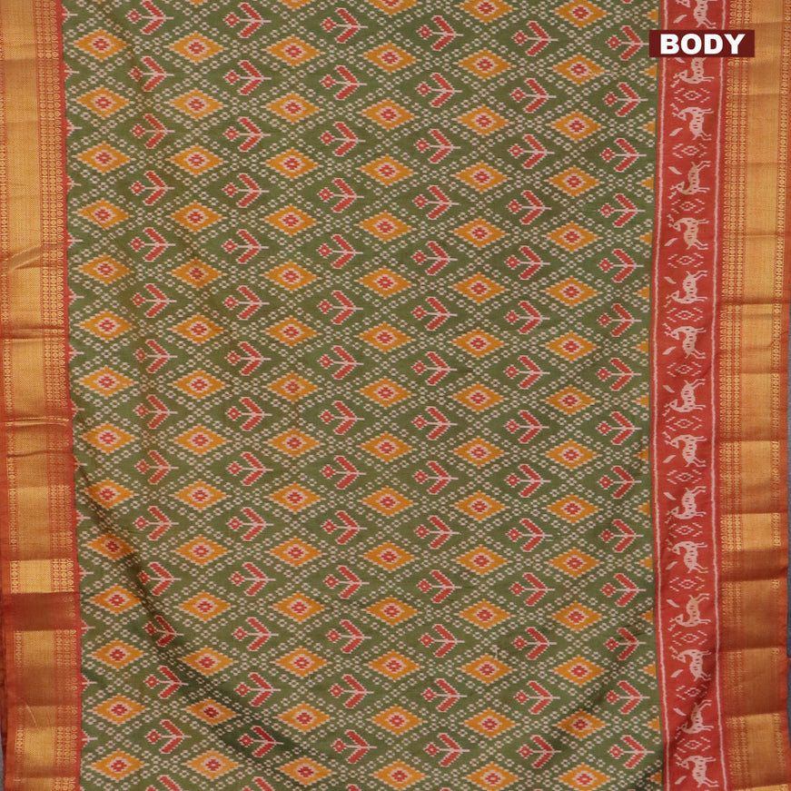 Semi tussar saree green and rust shade with allover ikat prints and zari woven border