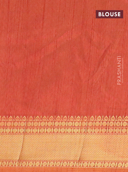 Semi tussar saree green and rust shade with allover ikat prints and zari woven border