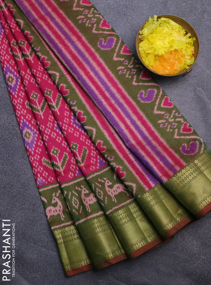 Semi tussar saree pink and dual shade of green with allover ikat prints and zari woven border