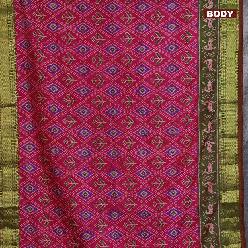 Semi tussar saree pink and dual shade of green with allover ikat prints and zari woven border