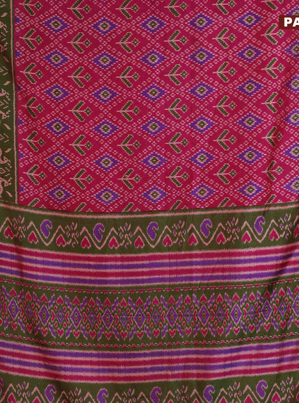 Semi tussar saree pink and dual shade of green with allover ikat prints and zari woven border