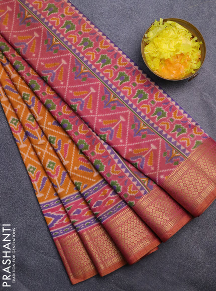 Semi tussar saree mustard yellow and dual shade of pink with allover ikat prints and zari woven border