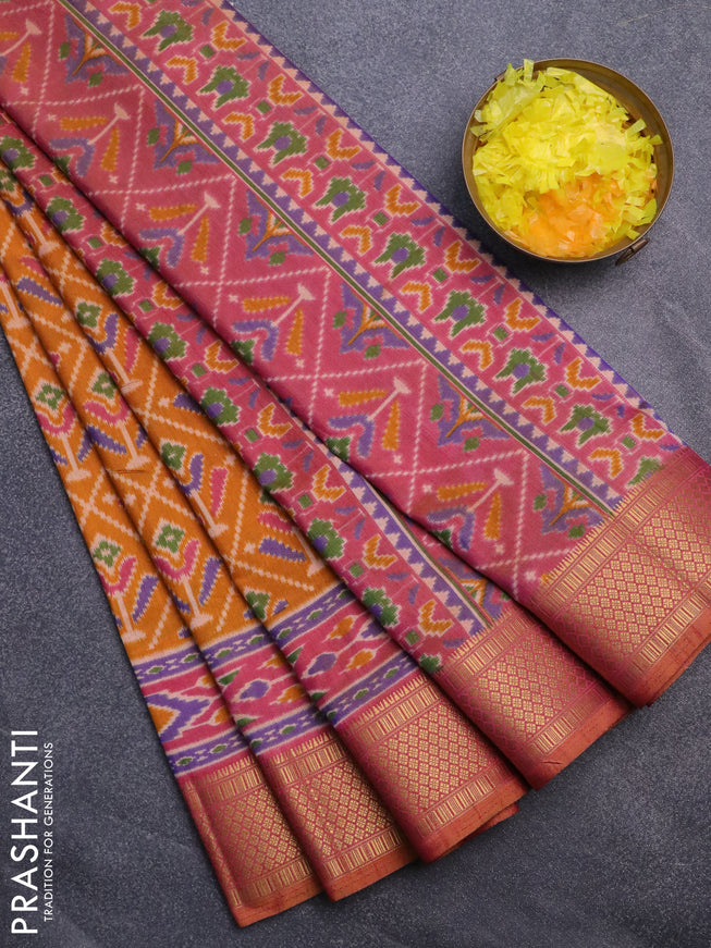 Semi tussar saree mustard yellow and dual shade of pink with allover ikat prints and zari woven border