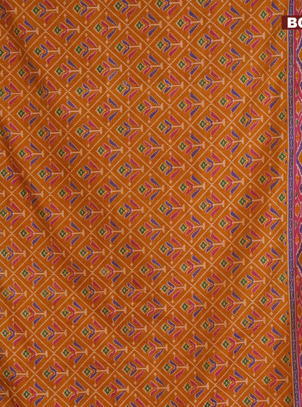 Semi tussar saree mustard yellow and dual shade of pink with allover ikat prints and zari woven border