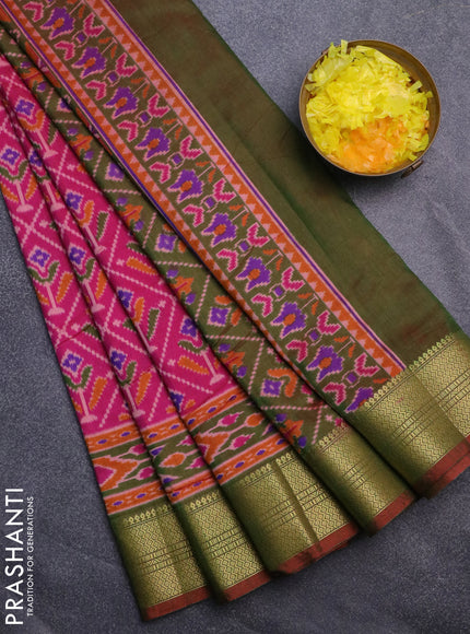 Semi tussar saree pink and dual shade of green with allover ikat prints and zari woven border