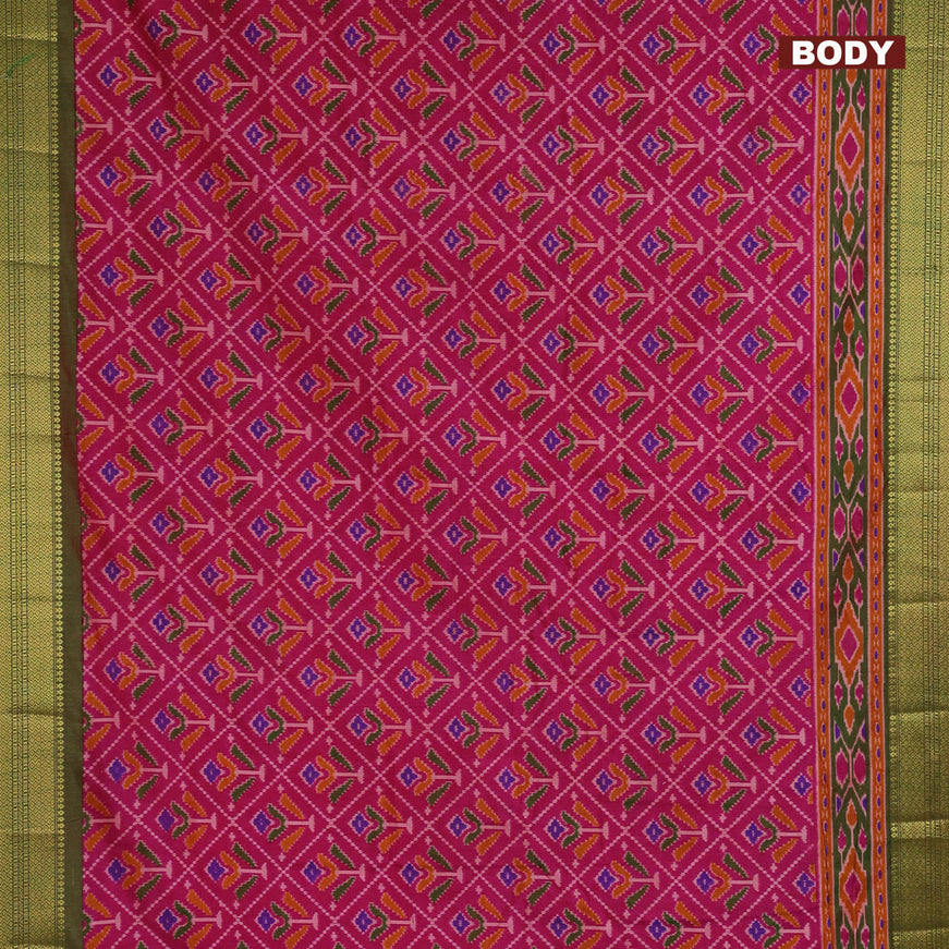 Semi tussar saree pink and dual shade of green with allover ikat prints and zari woven border