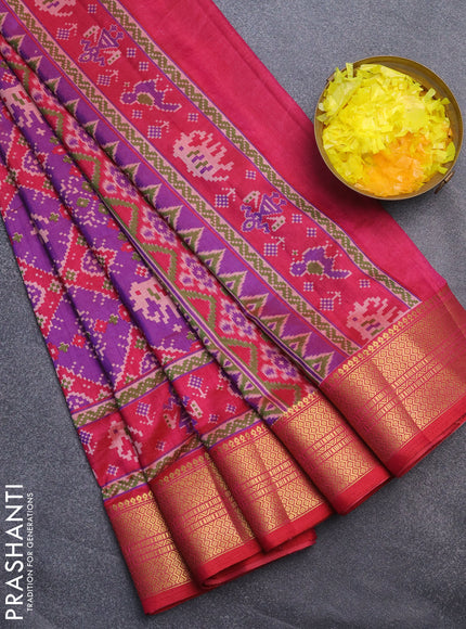 Semi tussar saree dual shade of purple and pink with allover ikat prints and zari woven border