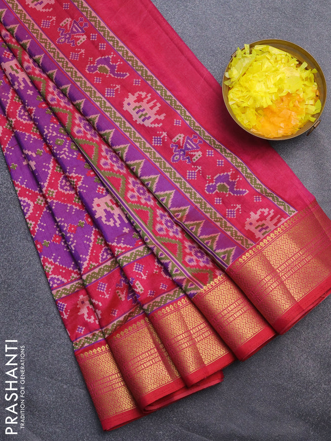 Semi tussar saree dual shade of purple and pink with allover ikat prints and zari woven border