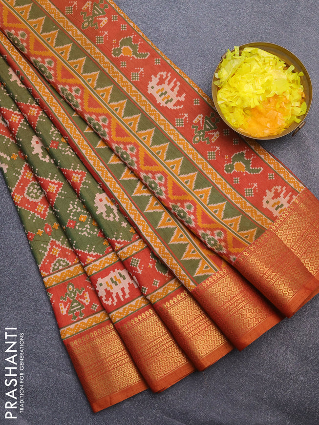 Semi tussar saree dual shade of green and dual shade of rust with allover ikat prints and zari woven border