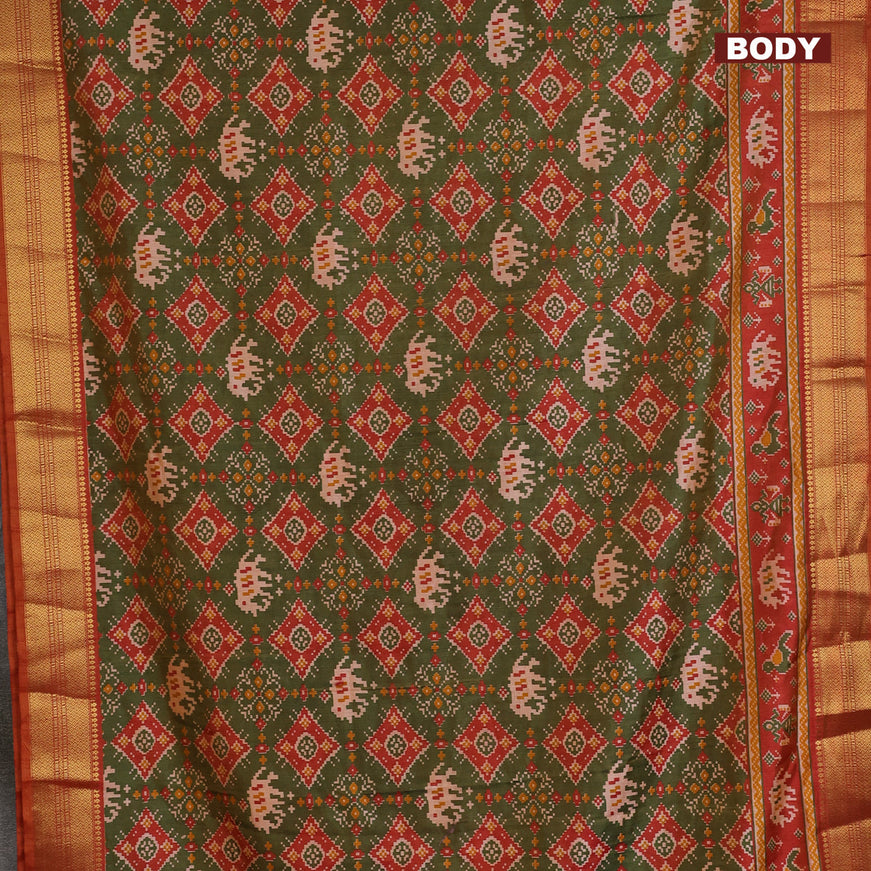 Semi tussar saree dual shade of green and dual shade of rust with allover ikat prints and zari woven border