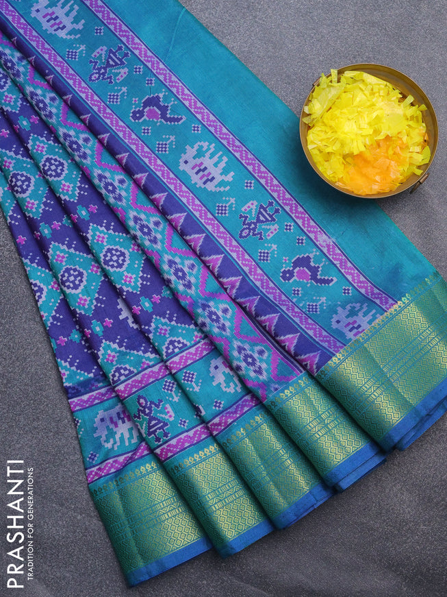 Semi tussar saree blue and teal blue with allover ikat prints and zari woven border