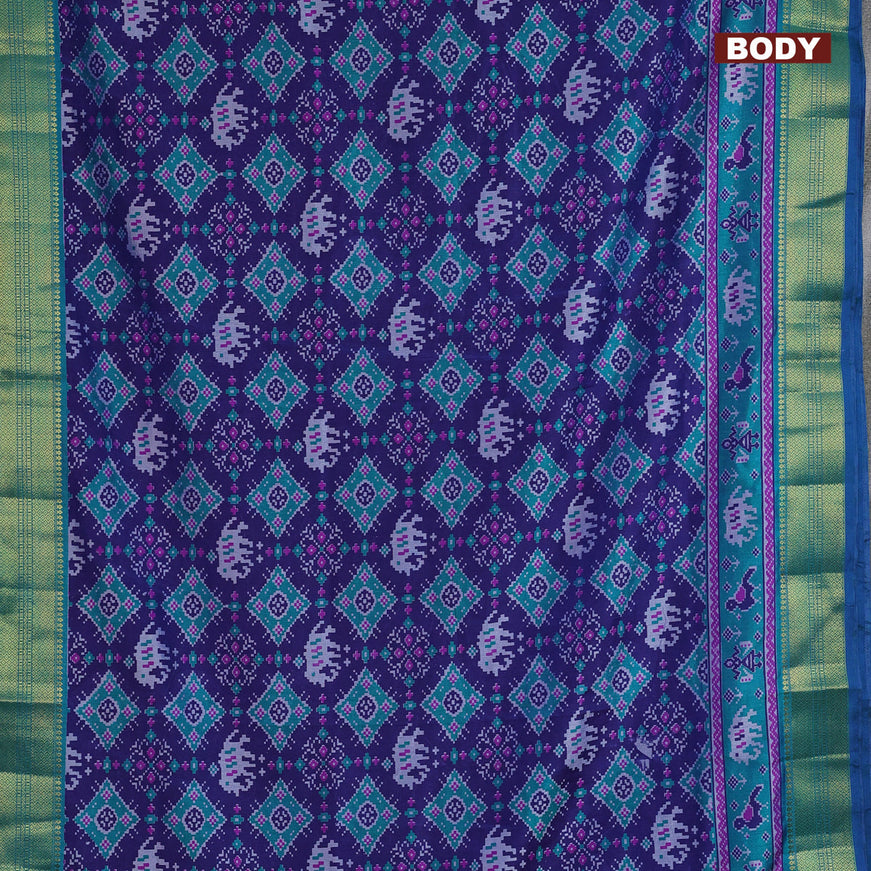 Semi tussar saree blue and teal blue with allover ikat prints and zari woven border