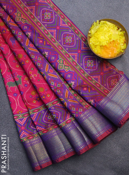 Semi tussar saree pink and purple with allover ikat prints and zari woven border