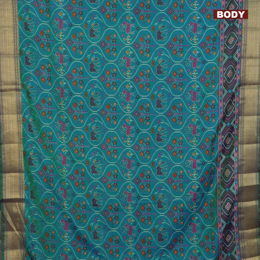 Semi tussar saree dual shade of teal blue and dual shade of violet with allover ikat prints and zari woven border