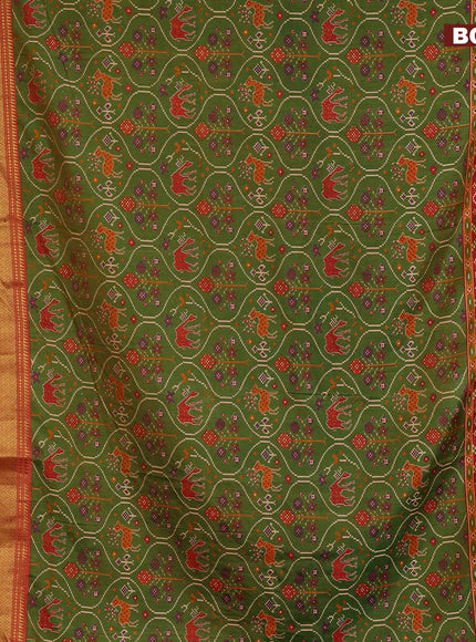 Semi tussar saree dual shade of green and dual shade of rust with allover ikat prints and zari woven border