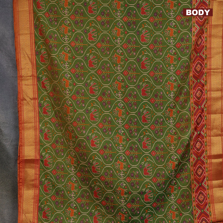 Semi tussar saree dual shade of green and dual shade of rust with allover ikat prints and zari woven border