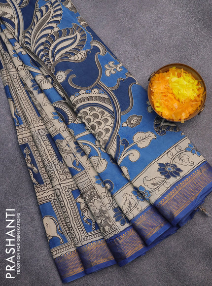 Kalamkari semi silk saree beige and blue with allover kalamkari prints and mangalgiri border