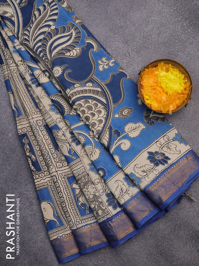 Kalamkari semi silk saree beige and blue with allover kalamkari prints and mangalgiri border