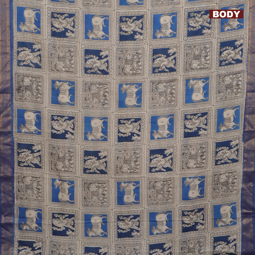 Kalamkari semi silk saree beige and blue with allover kalamkari prints and mangalgiri border