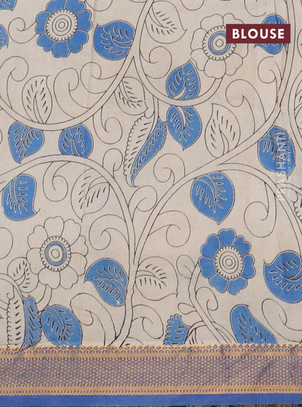 Kalamkari semi silk saree beige and blue with allover kalamkari prints and mangalgiri border