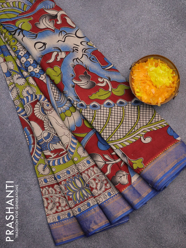 Kalamkari semi silk saree light green and blue with allover kalamkari prints and mangalgiri border