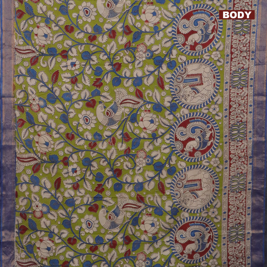 Kalamkari semi silk saree light green and blue with allover kalamkari prints and mangalgiri border