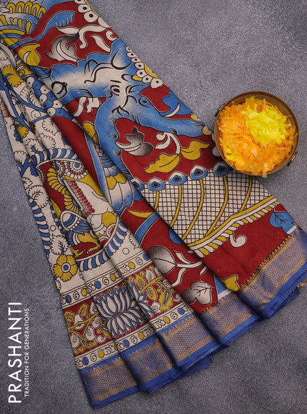 Kalamkari semi silk saree beige and blue with allover kalamkari prints and mangalgiri border