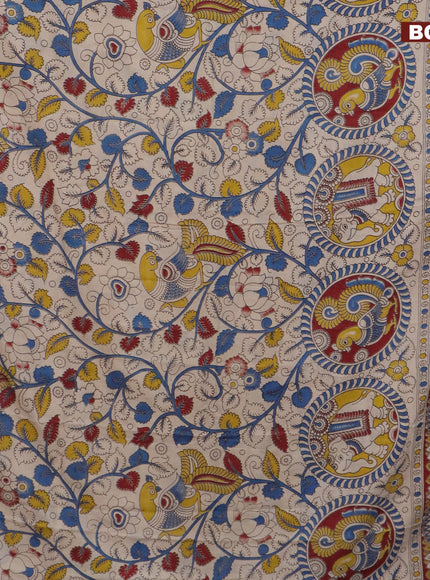 Kalamkari semi silk saree beige and blue with allover kalamkari prints and mangalgiri border