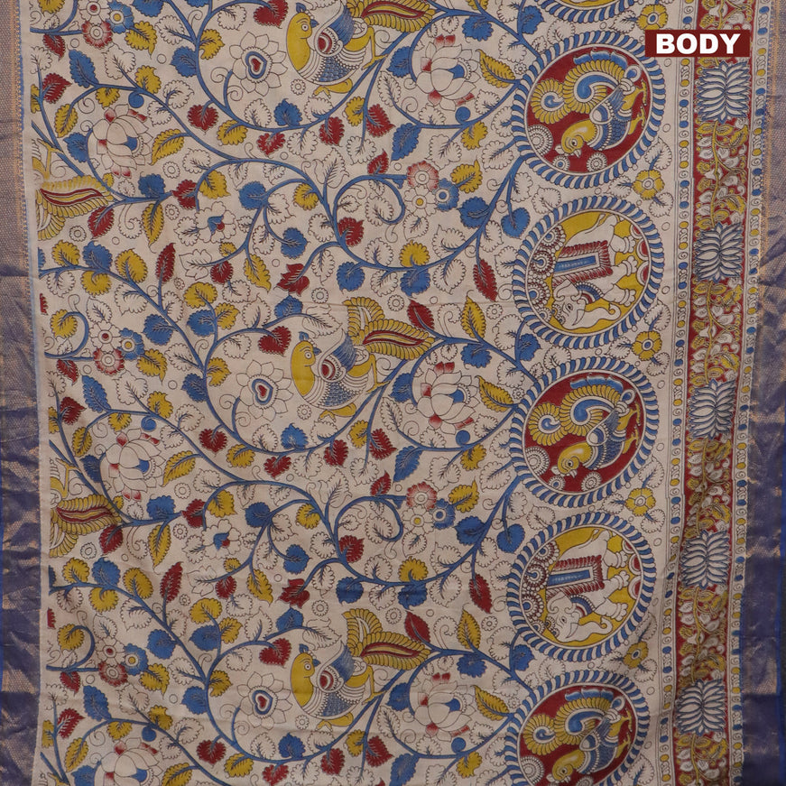 Kalamkari semi silk saree beige and blue with allover kalamkari prints and mangalgiri border