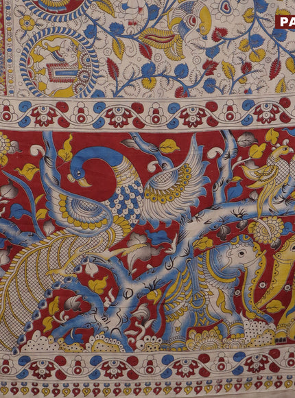 Kalamkari semi silk saree beige and blue with allover kalamkari prints and mangalgiri border