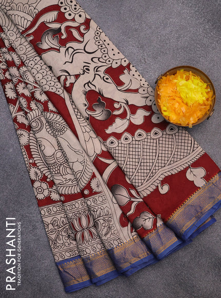 Kalamkari semi silk saree maroon and blue with allover kalamkari prints and mangalgiri border