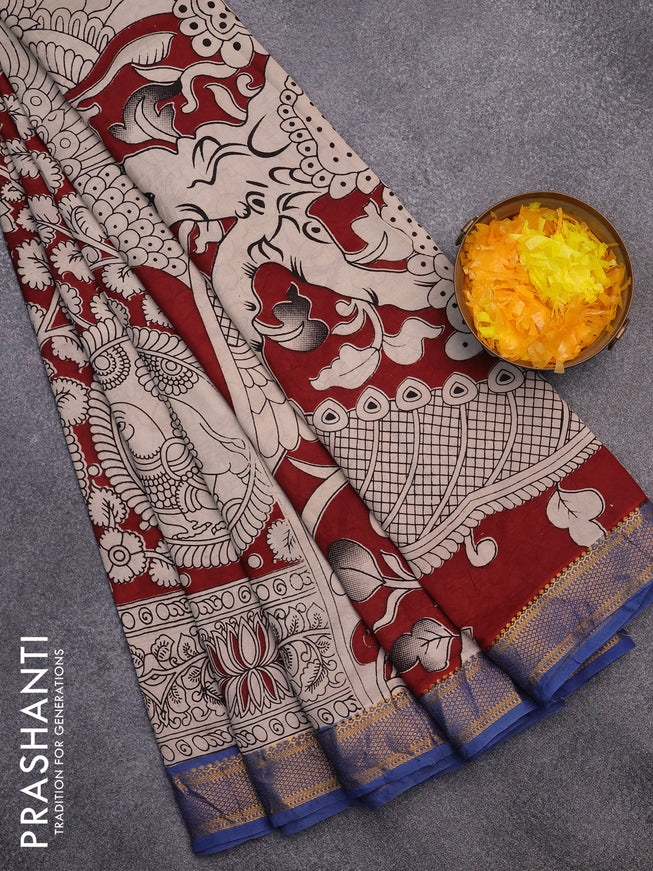 Kalamkari semi silk saree maroon and blue with allover kalamkari prints and mangalgiri border