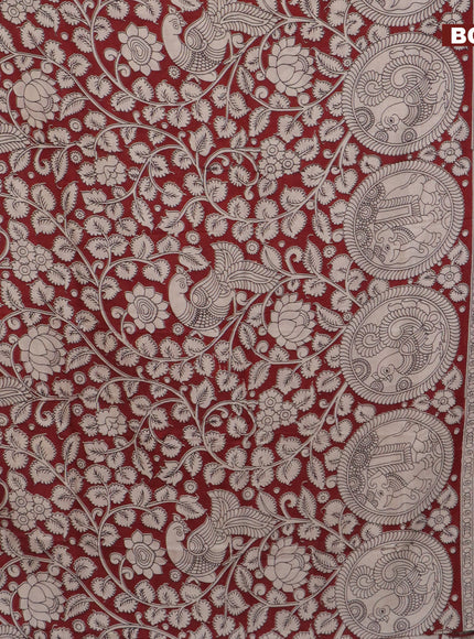 Kalamkari semi silk saree maroon and blue with allover kalamkari prints and mangalgiri border