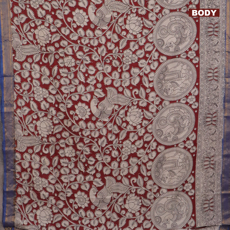 Kalamkari semi silk saree maroon and blue with allover kalamkari prints and mangalgiri border