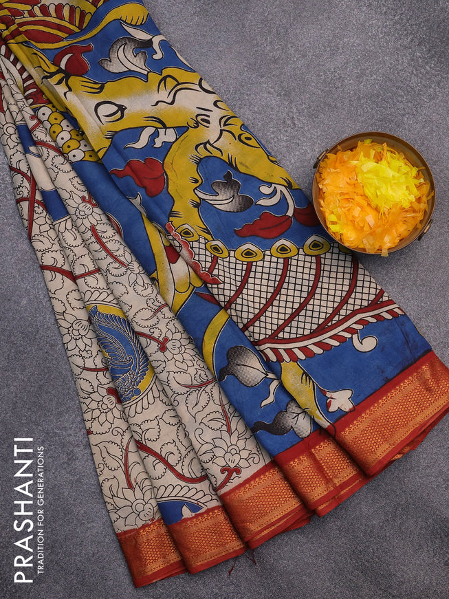 Kalamkari semi silk saree beige and maroon with allover kalamkari prints and mangalgiri border