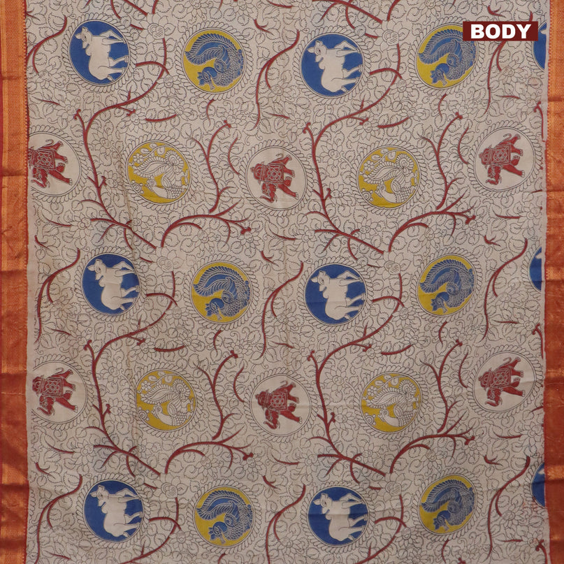 Kalamkari semi silk saree beige and maroon with allover kalamkari prints and mangalgiri border