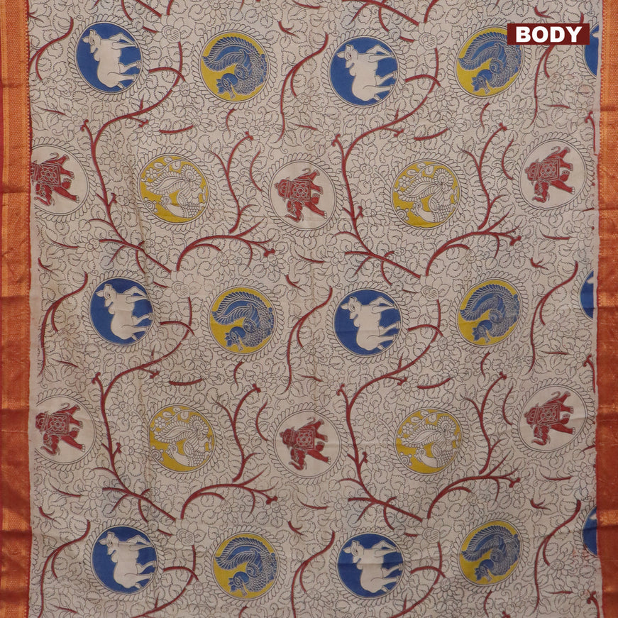 Kalamkari semi silk saree beige and maroon with allover kalamkari prints and mangalgiri border