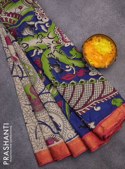 Kalamkari semi silk saree beige and pink with allover kalamkari prints and mangalgiri border