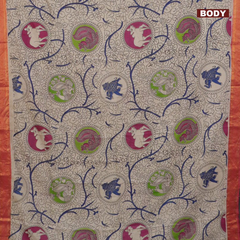 Kalamkari semi silk saree beige and pink with allover kalamkari prints and mangalgiri border