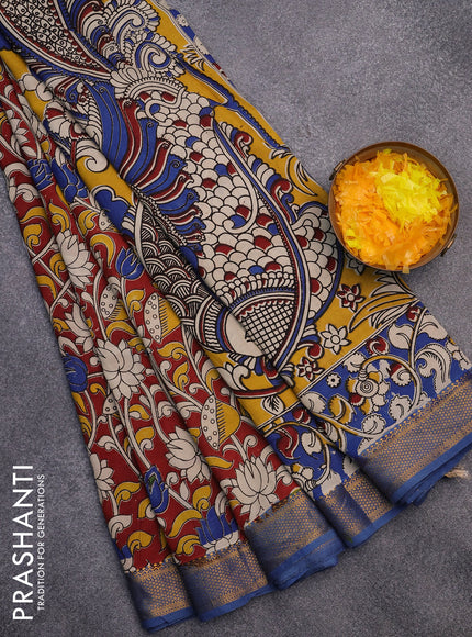 Kalamkari semi silk saree maroon and blue with allover kalamkari prints and mangalgiri border