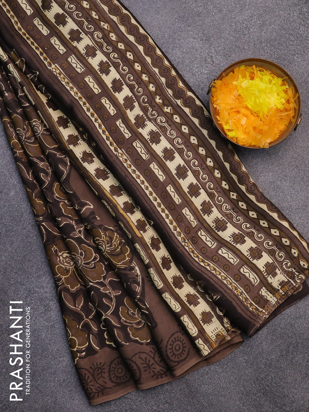 Modal silk saree brown with allover kalamkari prints and printed border