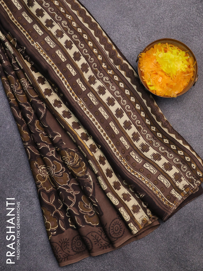 Modal silk saree brown with allover kalamkari prints and printed border