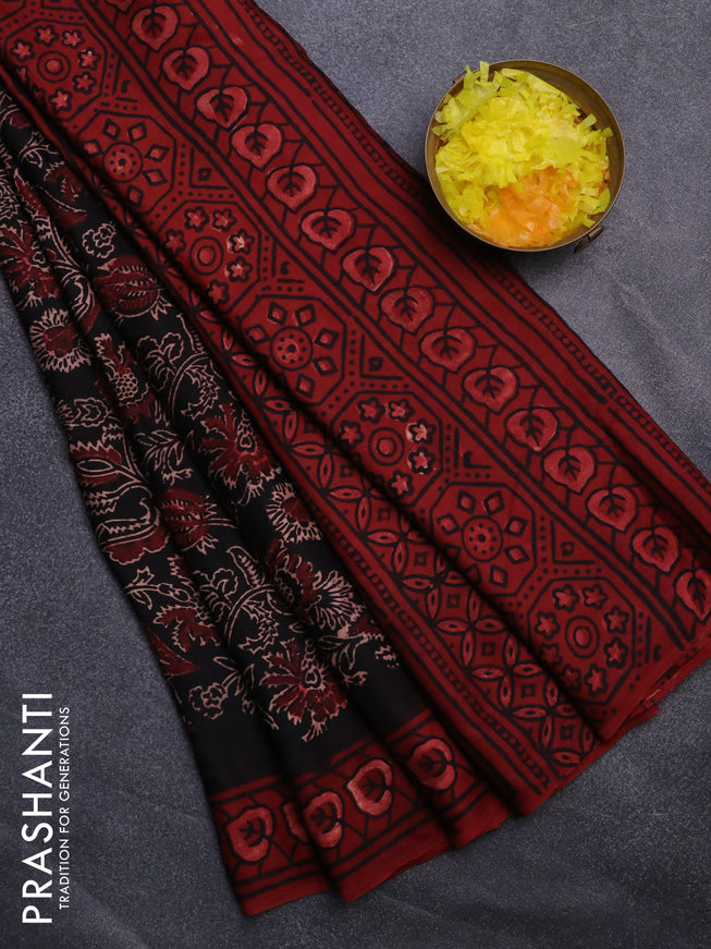 Modal silk saree black and maroon with allover kalamkari prints and printed border