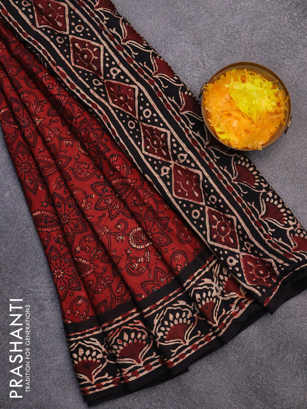 Modal silk saree maroon and black with allover kalamkari prints and printed border