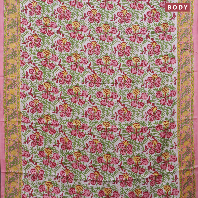 Modal silk saree off white and peach pink with allover kalamkari prints and printed border