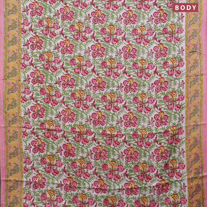 Modal silk saree off white and peach pink with allover kalamkari prints and printed border